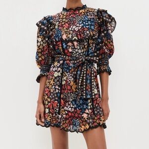 Farm Rio Jujus Garden Black Mini Ruffle Dress XS NWT $248 Floral Print AUTH